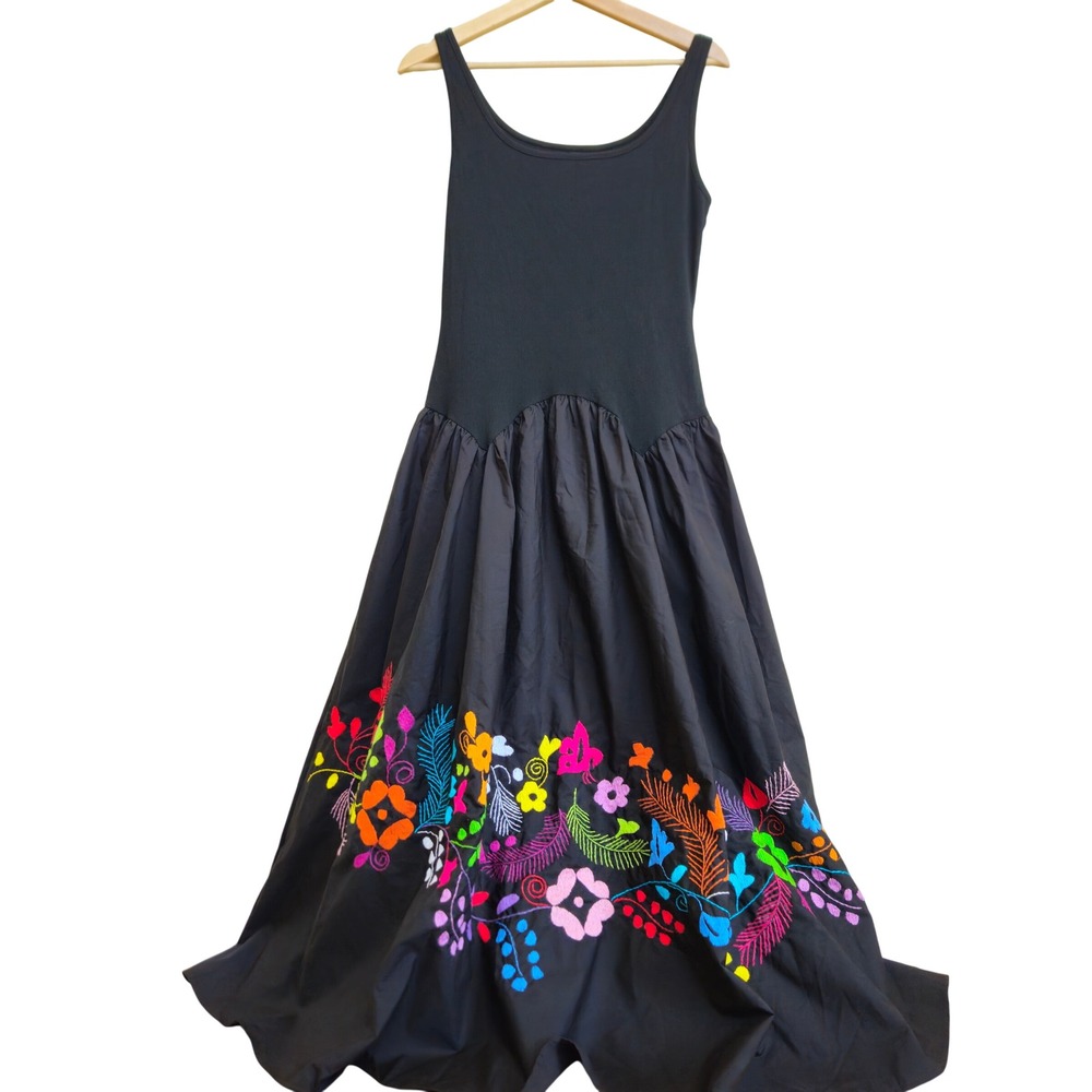Embroidered Floral Patchwork Midi/Maxi Dress Boho Drop Waist Retail $140+ Fest
